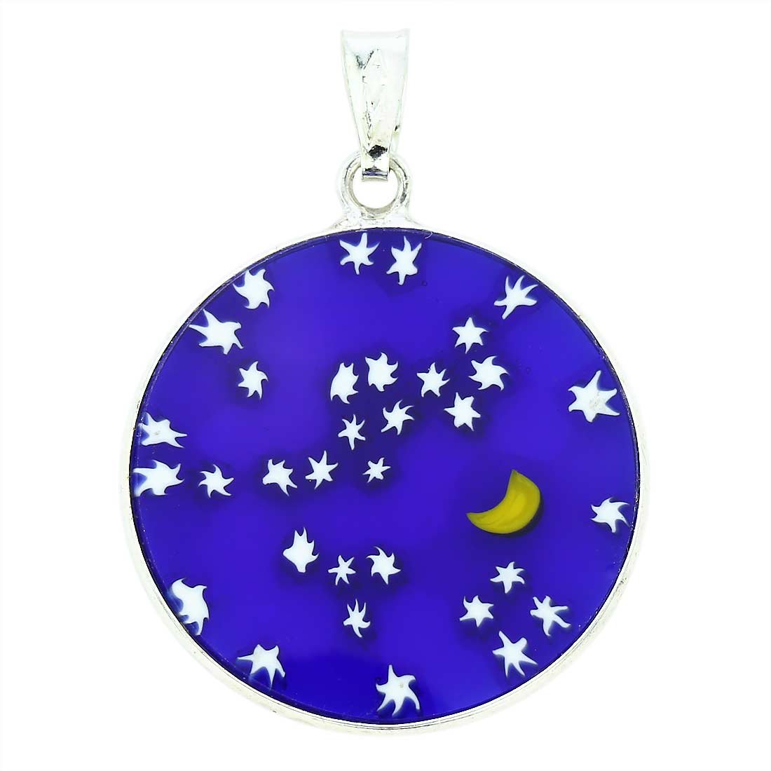 Glass Of Venice Murano Glass Millefiori Pendant Starry Night in Silver Frame 7/8"