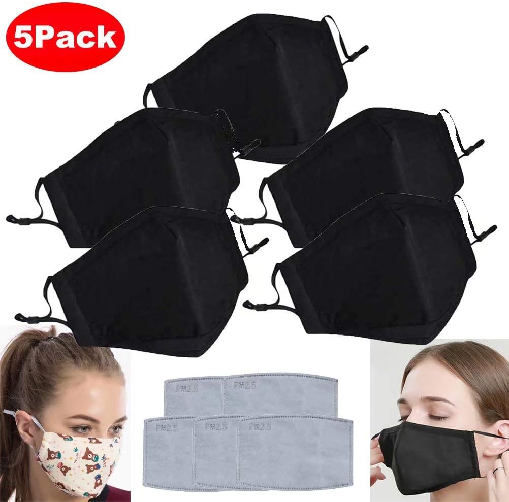 Washable Cotton PM2.5 Mouth Mask with Activated Carbon Filter, Adjustable Anti Dust Face Mask Protective Cloth Mask,5 Pack Black