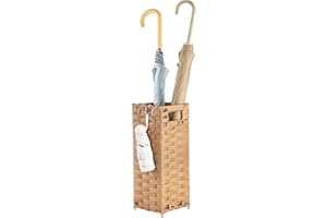 WAOHANAZ Rattan Umbrella Stand, Umbrella Holder for Entryway, Hand Woven Umbrella Rack Organizer Freestanding, with a Detachable Drip Tray, 4 Hooks, 6.5" L x 6.5" W x 16.5" H, Natural