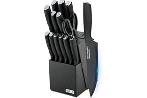 Knife set,IKAIZI 14 Pieces Non Stick Kitchen Knife Set, Built In Sharpener Knife Block, Dishwasher Safe, German High Carbon Stainless Steel Knife Set; Elegant Black