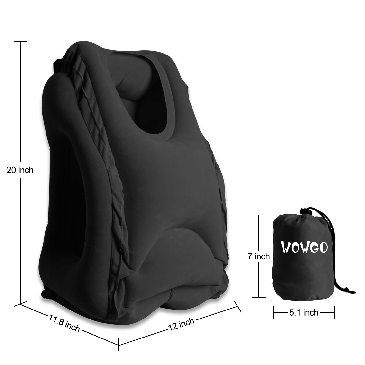 Inflatable Travel Pillow, WOWGO Airplane Neck Pillow Comfortable Pillows with Arms for Outdoor Travelling Camping, Air Planes, Trains, Cars, Buses and Indoor Office Napping [Updated Version] (Black)