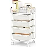 SYKIARIOL Rolling Utility Storage Cart with 4 Drawers - 4 Tiers Rolling Cart Craft Cart, Storage Drawer Cart Organizer for Craft Room Office Bedroom Classroom with Mesh Top & 4 PCS DIY Lable, White