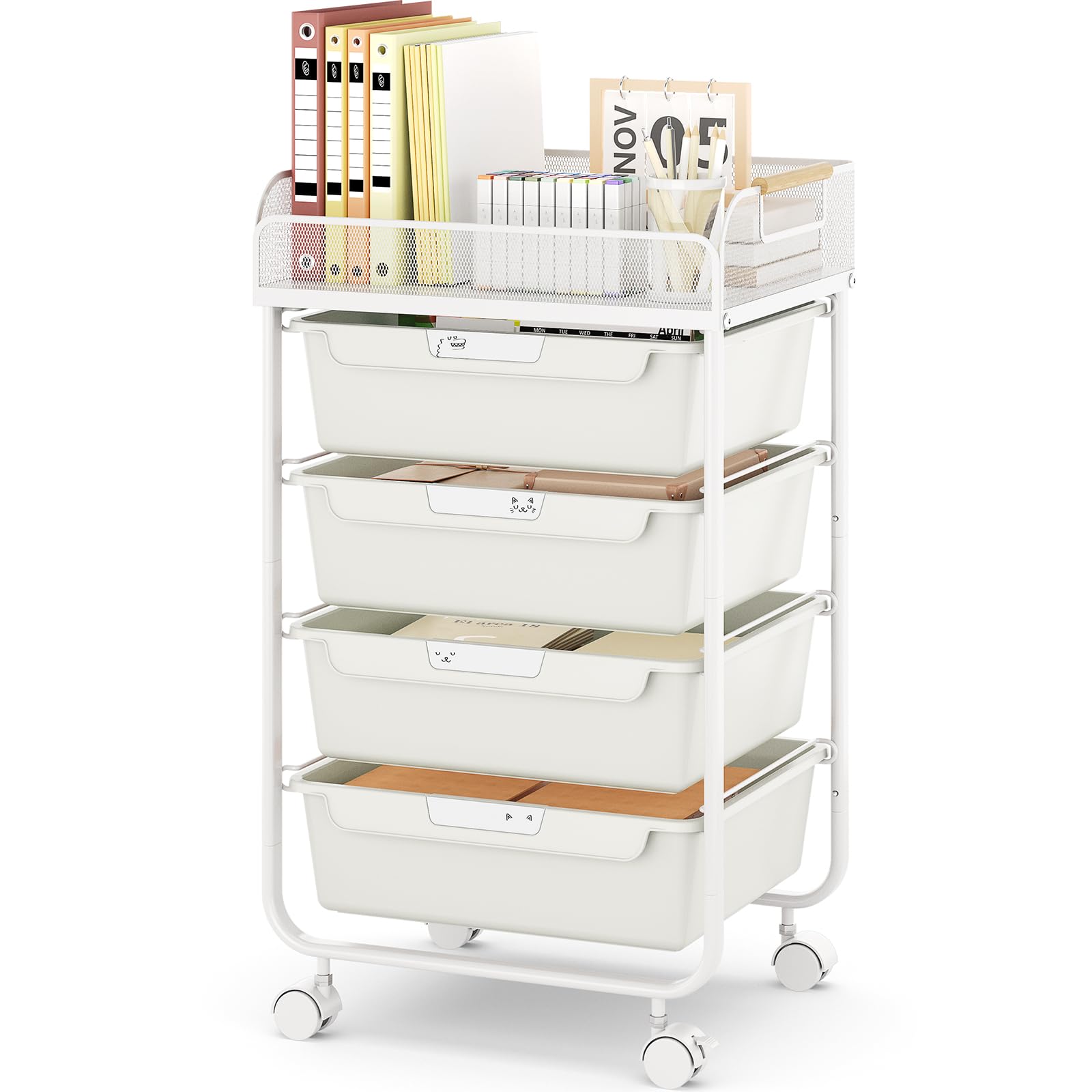 Photo 1 of SYKIARIOL Rolling Utility Storage Cart with 4 Drawers - 4 Tiers Rolling Cart Craft Cart, Storage Drawer Cart Organizer for Craft Room Office Bedroom Classroom with Mesh Top & 4 PCS DIY Lable, White
