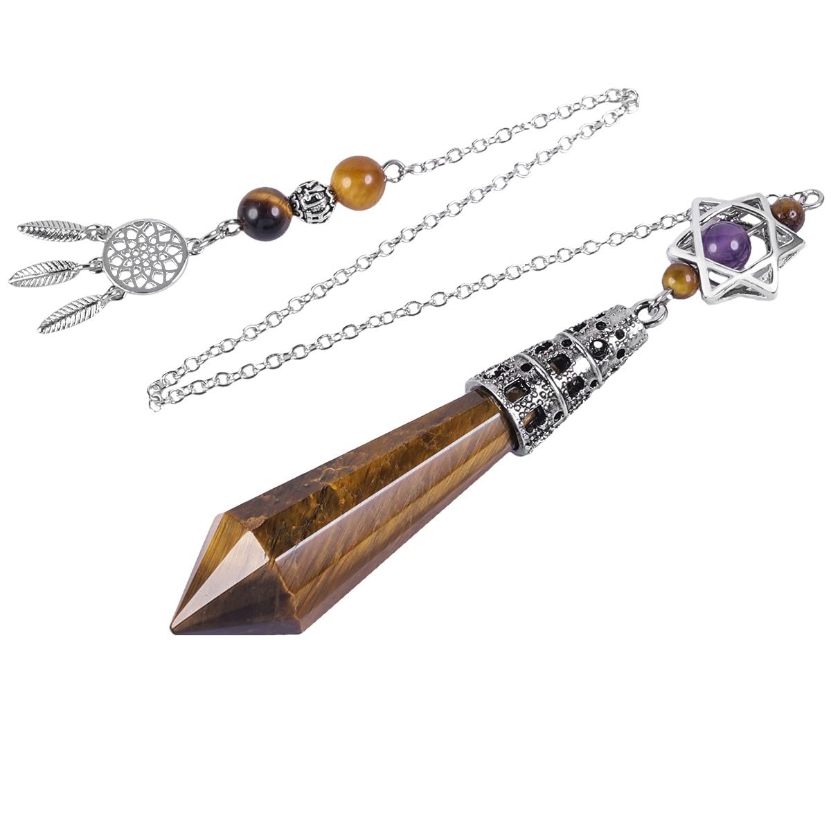 mookaitedecor Natural Tiger’s Eye Crystal Divination Dowsing Pendulum Faceted Crystal Point Pendulum with Merkaba Star Dream Catcher Reiki Healing Crystal Witchcraft Wiccan Supplies Decor Gift