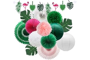 Meiduo Tropical Flamingo Palm Leaves Party Decorations with Paper Fans Paper Lanterns Pom Poms Flowers for Birthday Bridal & Baby Shower Bachelorette Hawaiian Beach Pool Summer (Green)