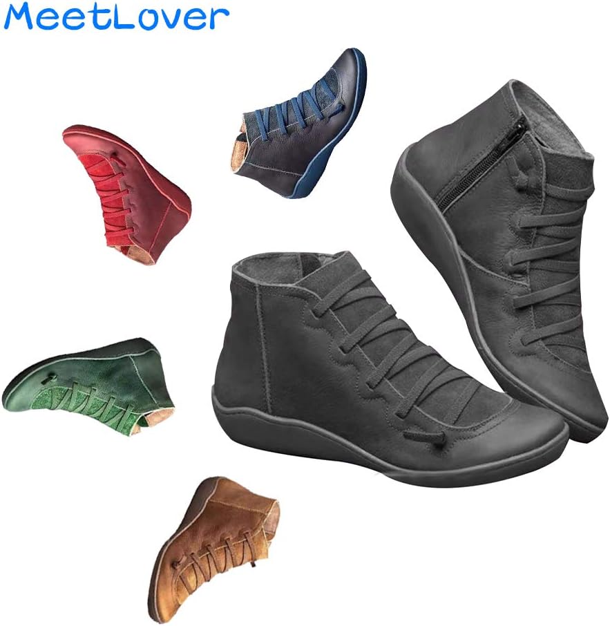 MeetLover 2019 Archs Support Boots Women's Autumn and Winter New Casual Short Flat Boots Comfy Classic Side Zipper PU Width Brie Ankle