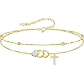 RIVIKO Gold Heart Initial Bracelets for Women,925 Sterling Silver Gold Plated Layered Letter Charm Bracelets,Adjustable Alphabet Personalized Jewelry Christmas Birthday Gifts for Her Wife Mom Friend