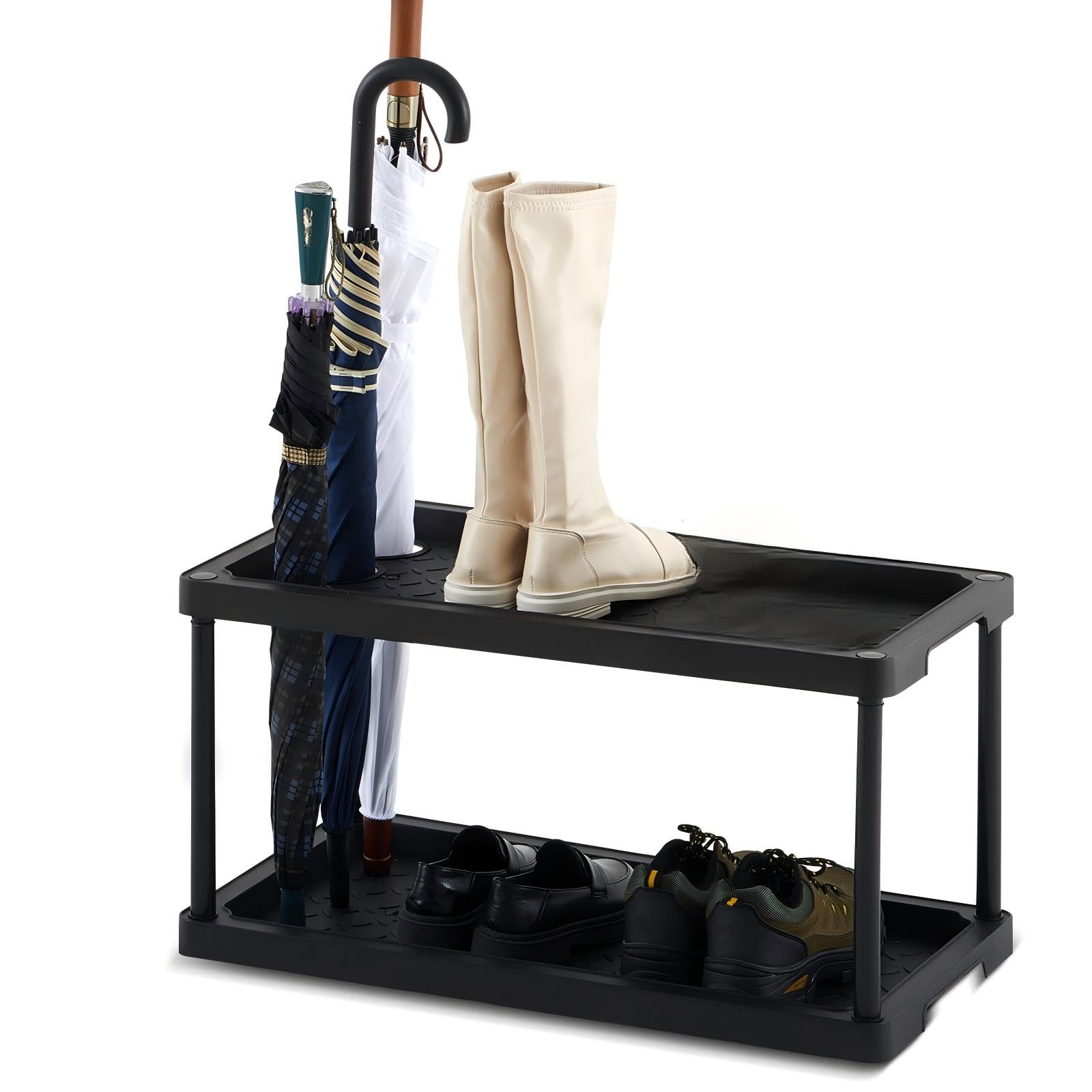 View 1 of **PARTS ONLY** Cinnvoice 2 Tier Large Boot Tray with Umbrella Holder Plastic Shoe Rack Black Waterproof Boot Shoe Mat for Entryway All Weather Indoor Outdoor, 28 x 14.5 x 14.5 Inches