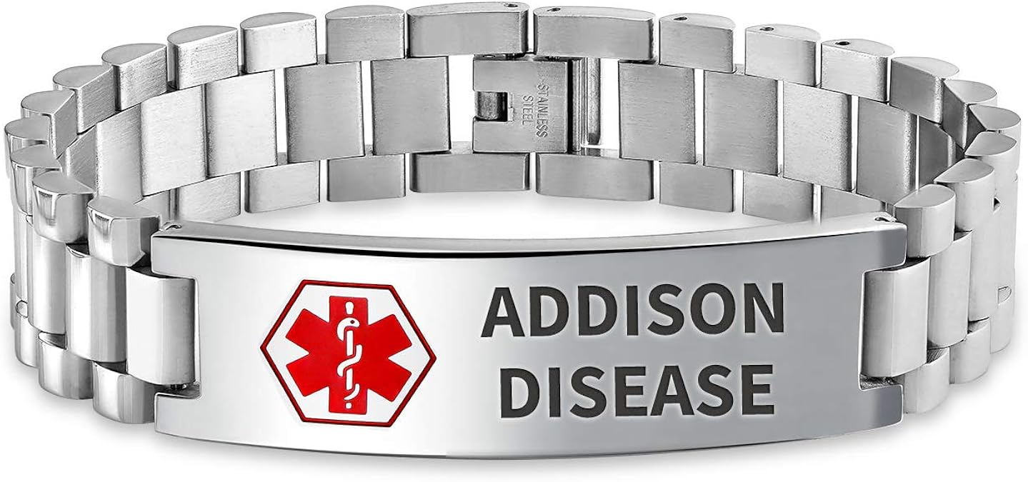 Addison Disease Identification Medical Alert ID Watch Band Link Bracelet for Men 8.5 in