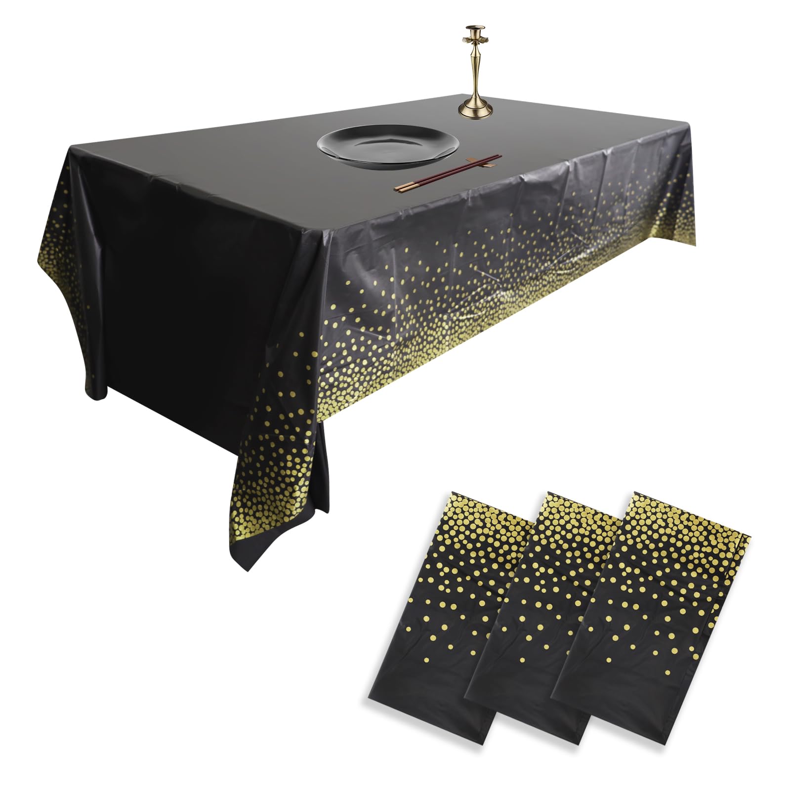 HXMJIED 3 Pack Christmas Table Cloth, Black and Gold Dot Tablecloth, 137x274cm Party Disposable Tablecloths, Plastic Tablecloth, Confetti Disposabletable Cover, Rectangular Party Table Cover