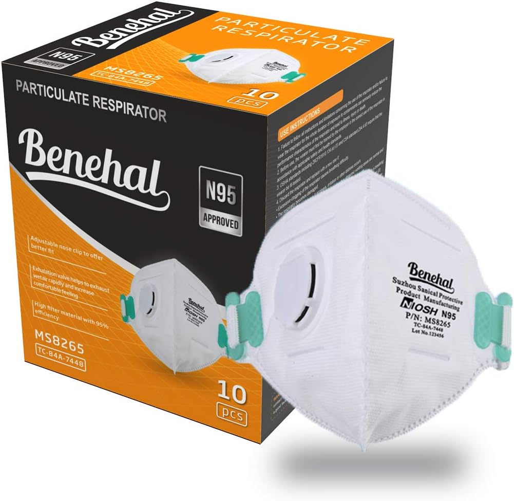Benehal Disposable Dust Mask,N95 mask with Valve -NIOSH Certified-Multi-Layer Protection for Construction,Mowing,Emergency Kits(10 pack)