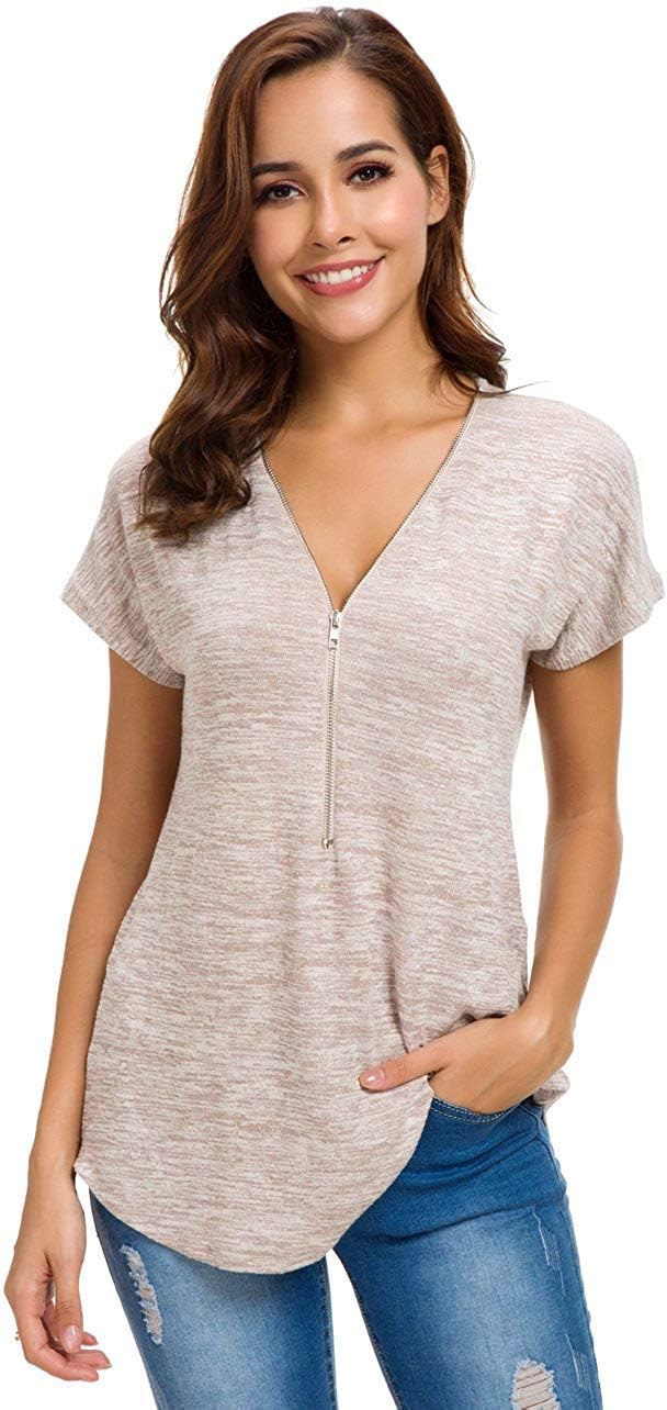 Womens Loose Fitting Zip Up Deep V Neck Short Sleeve Tops Tunic Casual T Shirts Blouse