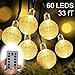 Battery Operated String Lights, ZOUTOG 33ft 60 Crystal Balls Outdoor String Lights with Remote Controller + 8 Pcs Lighting Hooks, LED String Lights for Patio/Garden/Lawn/Home - Warm White