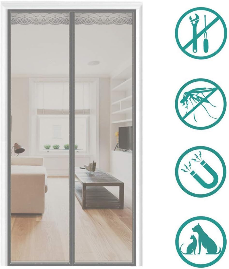 THAIKER Magnetic Fly Screen Door, 70x205cm(28x81inch) Keep Insects Out Curtain and Full Frame Tape Fits Door Size up to, Gray