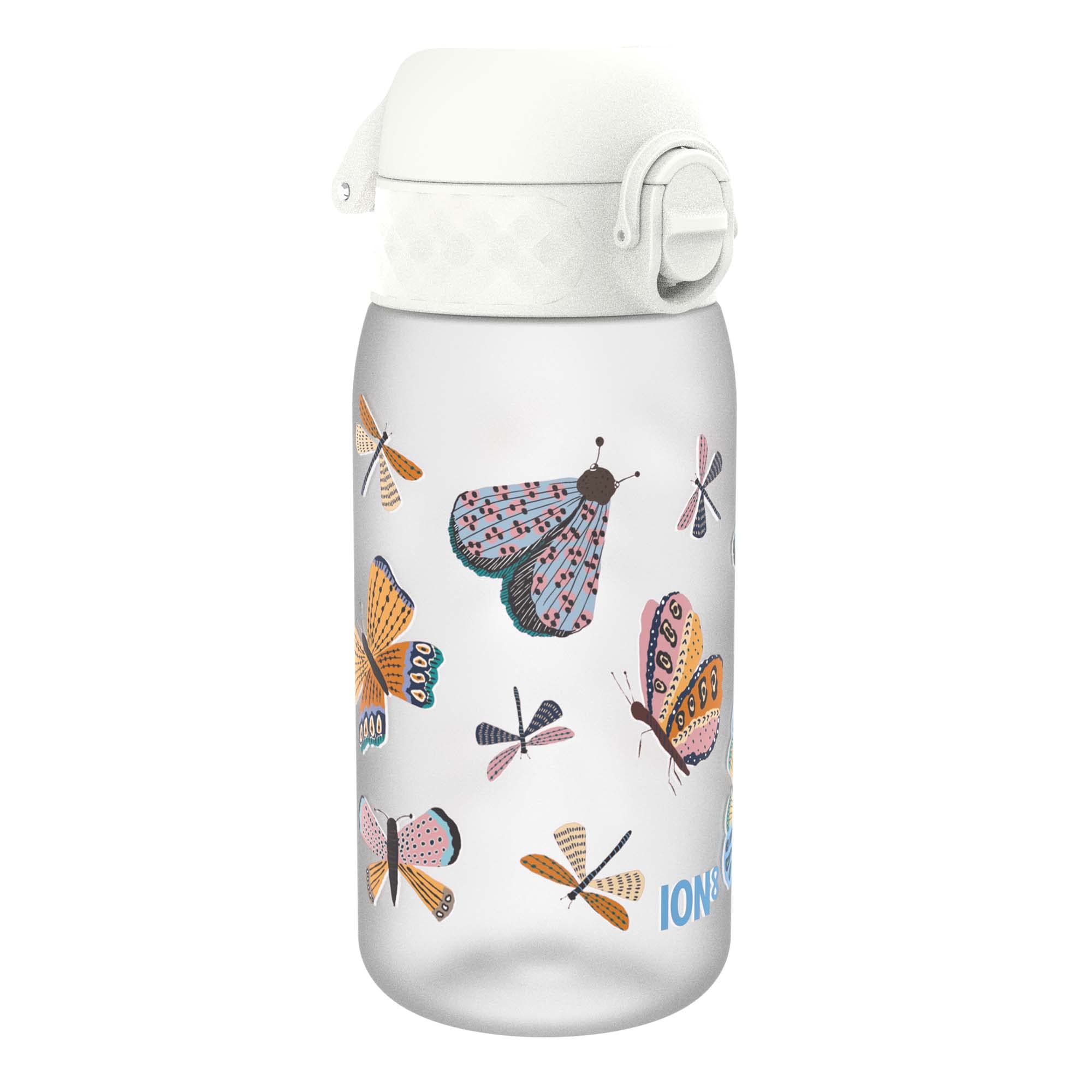 ION8 Kids Water Bottle, 350 ml/12 oz, Leak Proof, Easy to Open, Secure Lock, Dishwasher Safe, BPA Free, Carry Handle, Hygienic Flip Cover, Easy Clean, Odour Free, Carbon Neutral, White, Butterfly