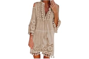 SGASY Women Cold Shoulder Boho Lace Tassel Dresses 3/4 Sleeve V Neck Pleated Tiered Crochet Mini Dress