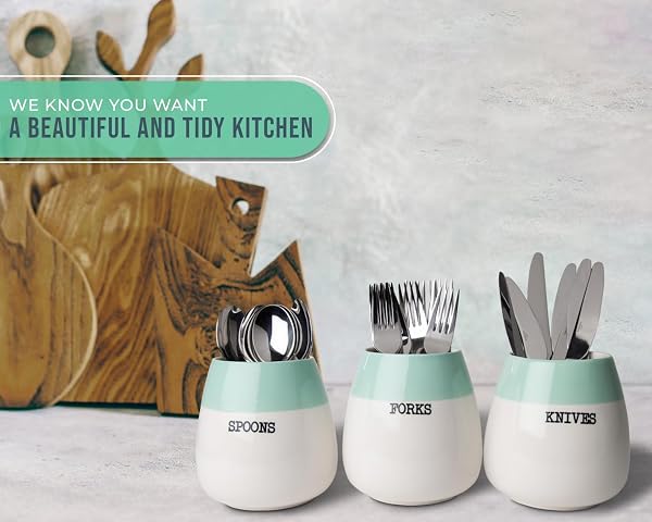 COMFIFY CERAMIC HONEYPOT CUTLERY HOLDER – SET OF 3 – SAGE GREEN AND WHITE FARMHOUSE SILVERWARE CADDY FOR KITCHEN COUNTERTOP – SPOON, FORK & KNIFE ORGANIZER FOR PARTIES – RUSTIC CERAMIC
