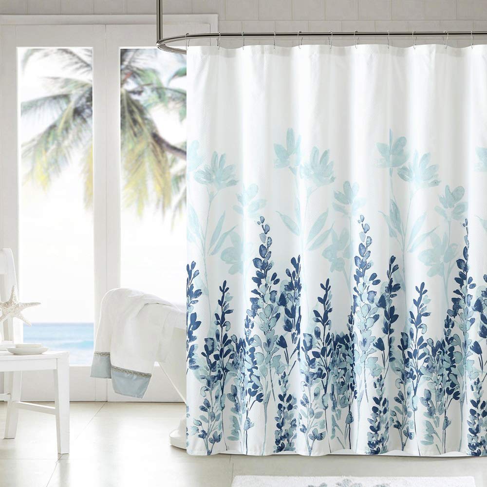 TTBD Shower Curtain, 100% Splash-proof and Mildew Resistant Polyester Fabric Bath Curtain with 12pcs Hooks 180x180cm for Home, Hotel and School (Blue pattern, 90GSM)