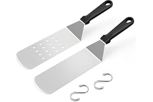 Metal Spatula Set of 2, HaSteeL 14.5 x 2.8In Heavy Duty Perforated & Solid Griddle Tuner Flipper, Long Stainless Steel Griddl