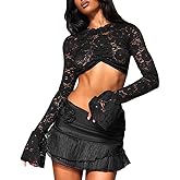 Women's Black Floral Lace Mesh See Through Crop Top Sexy Sheer Long Sleeve Top Blouses Cut Shirt
