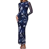 KUTUMAI Women Long Sleeve Floral Bodycon Maxi Dress 2025 Fall Elegant Mesh Formal Wedding Guest Cocktail Dresses