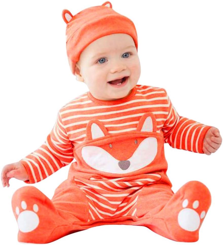 Tronet Winter Baby Romper, Newborn Baby Boys Girls Cartoon Fox Striped Romper Jumpsuit+Hat Outfits