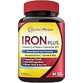 Doctor's Recipes Iron Supplement, Iron Bisglycinate with Vitamin C, B6, Folate & B12, Non-Constipating, Stomach Friendly, Gentle Iron Pills, 60 Vegan Caps