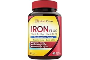 Doctor's Recipes Iron Supplement, Iron Bisglycinate with Vitamin C, B6, Folate & B12, Non-Constipating, Stomach Friendly, Gentle Iron Pills, 60 Vegan Caps