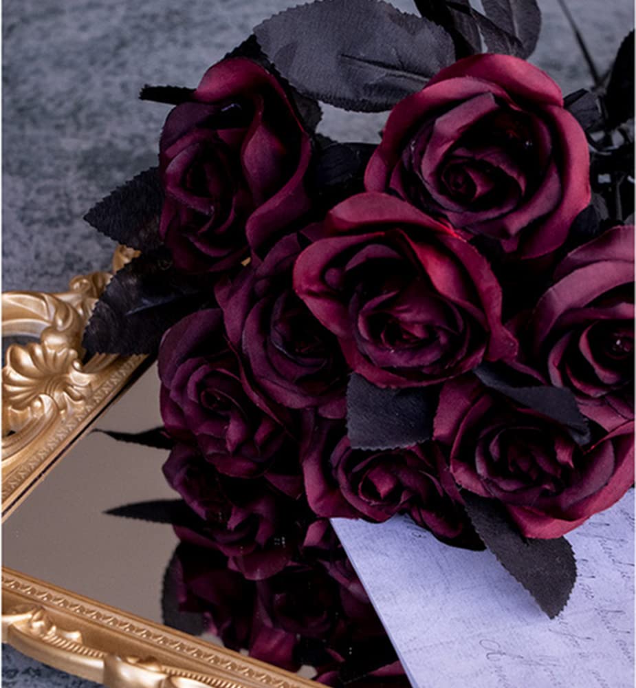 NatureMan 10pcs Artificial Rose Flower, black roses,Single Stem Fake Silk Flowers Realistic Blossom Flora for Party Decoration Bridal Wedding Bouquet Halloween Decoration (Wine red)