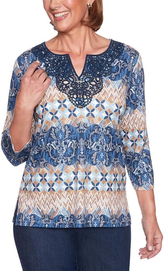 Alfred Dunner Women's Size Plus Ethnic Biadere lace Neck top, Multi, 3X