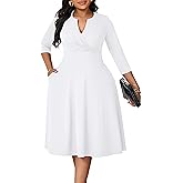 Runwind Women’s Plus Size Midi Dress 3/4 Sleeve Fit and Flare Cocktail Dresses Casual V-Neck Dress with Pockets
