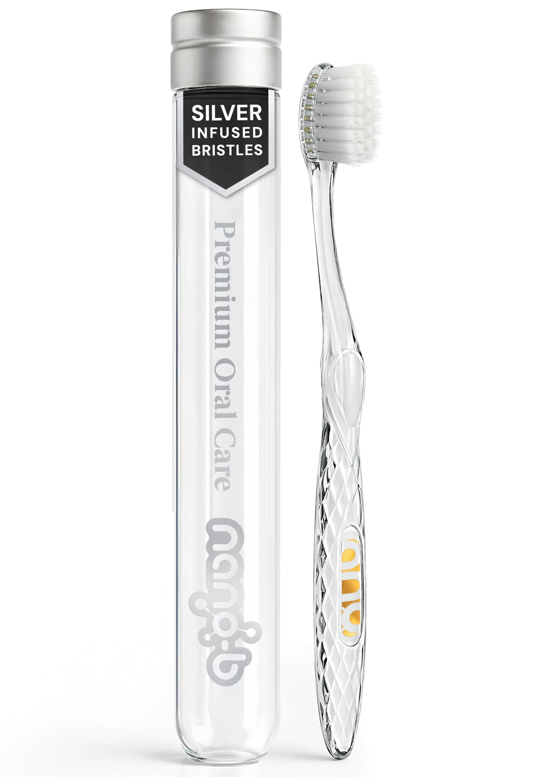 Nano-b Manual Toothbrush for Adults with Sensitive Gums, Silver Soft/Medium Bristles, Travel Case, Crystal