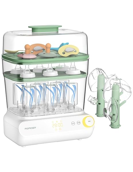 MOMCOZY 3 LAYERS LARGE BOTTLE STERILIZER AND DRYER, FAST STERILIZE AND DRY, UNIVERSAL BOTTLE STERILIZER FOR ALL BOTTLES & BREAST PUMP ACCESSORIES, TOUCH SCREEN & AUTO-OFF BOTTLE SANITIZER