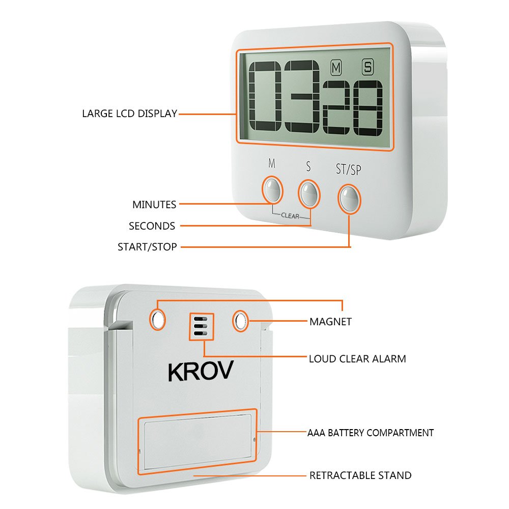 Digital Kitchen Timer, KROV Cooking Timer with Loud Alarm and Large LCD Display, Magnetic Backing Kitchen Countdown Timer for Cooking Baking Homework Sports Games (2 Pack, White)