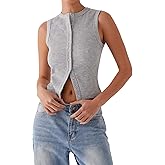 Women Button Down Tank Tops Casual Ribbed Sleeveless Crop Vest Top Going Out Tops Open Front Slim Fit Dressy Top