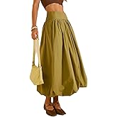 NUFIWI Women Y2k Bubble Maxi Skirt Low Elastic Waist A Line Long Skirt Summer Casual Ruffle Pleated Midi Dress