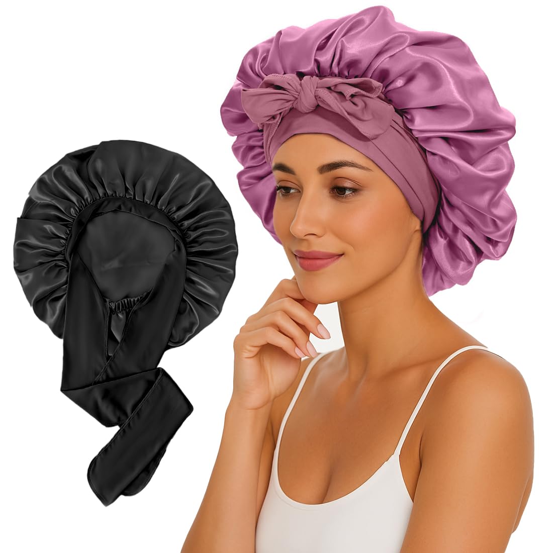 Photo 1 of 2 Pcs Large Satin Silk Bonnet for Sleeping Women, Adjustable Hair Bonnets for Sleeping with Tie Band, Silk Bonnet Sleep Cap for Curly Hair Long Braids (Black+Rose Pink)