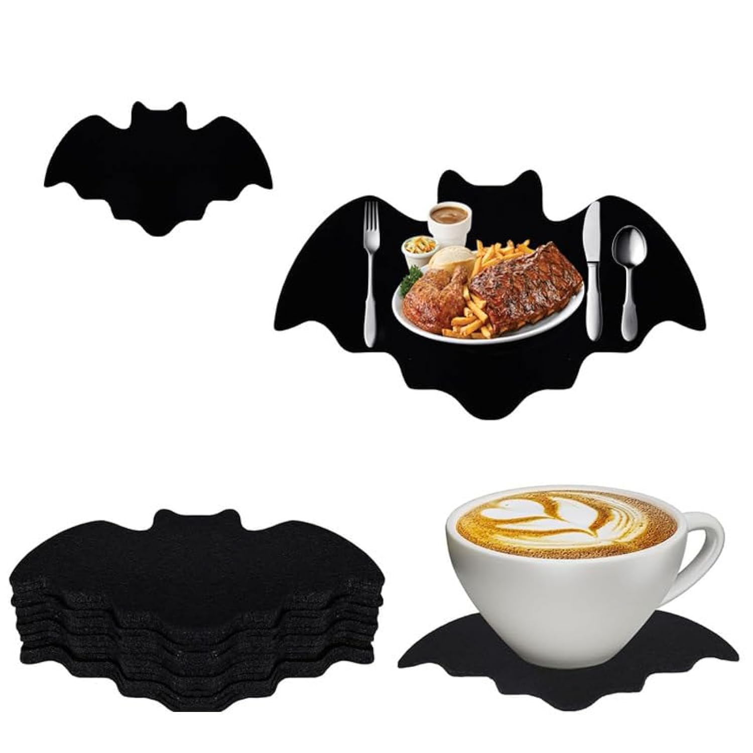 Photo 1 of 10 Packs Felt Bat Placemat Halloween Table Placemat Black Bat Non-Slip Heat Resistant Placemat Halloween Home Kitchen Office Party Table Décor