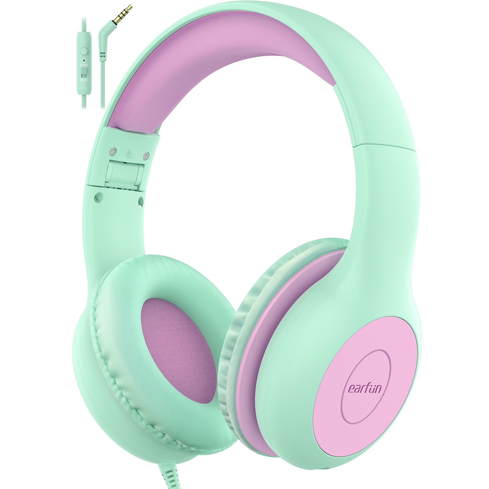 Photo 1 of EarFun Kids Headphones Wired with Microphone, 85/94dB Volume Limit Headphones for Kids, Portable Wired Headphone with Shareport, Stereo Sound Foldable Headset for School/Tablet/iPad, Green Violet