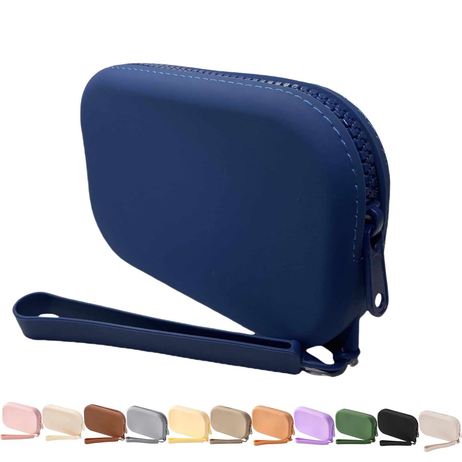 Photo 1 of WHHJM Small Silicone Multifunctional Essential Bag Portable Travel Makeup Bag for Women Men Cards Cash Bag Zipper Pouch (Dark Blue)
