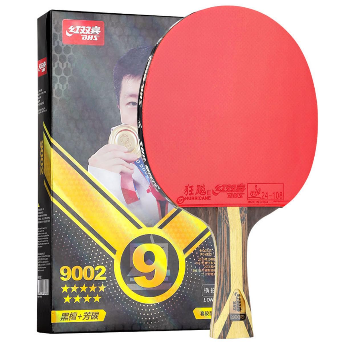 Photo 1 of DHS 9 Star 9002/9006 Table Tennis Racket, Professional 5 Wood 2 ALC Offensive Ping Pong Paddle with Hurricane 3 Sticky Rubber (9002-FL-Longhandle)