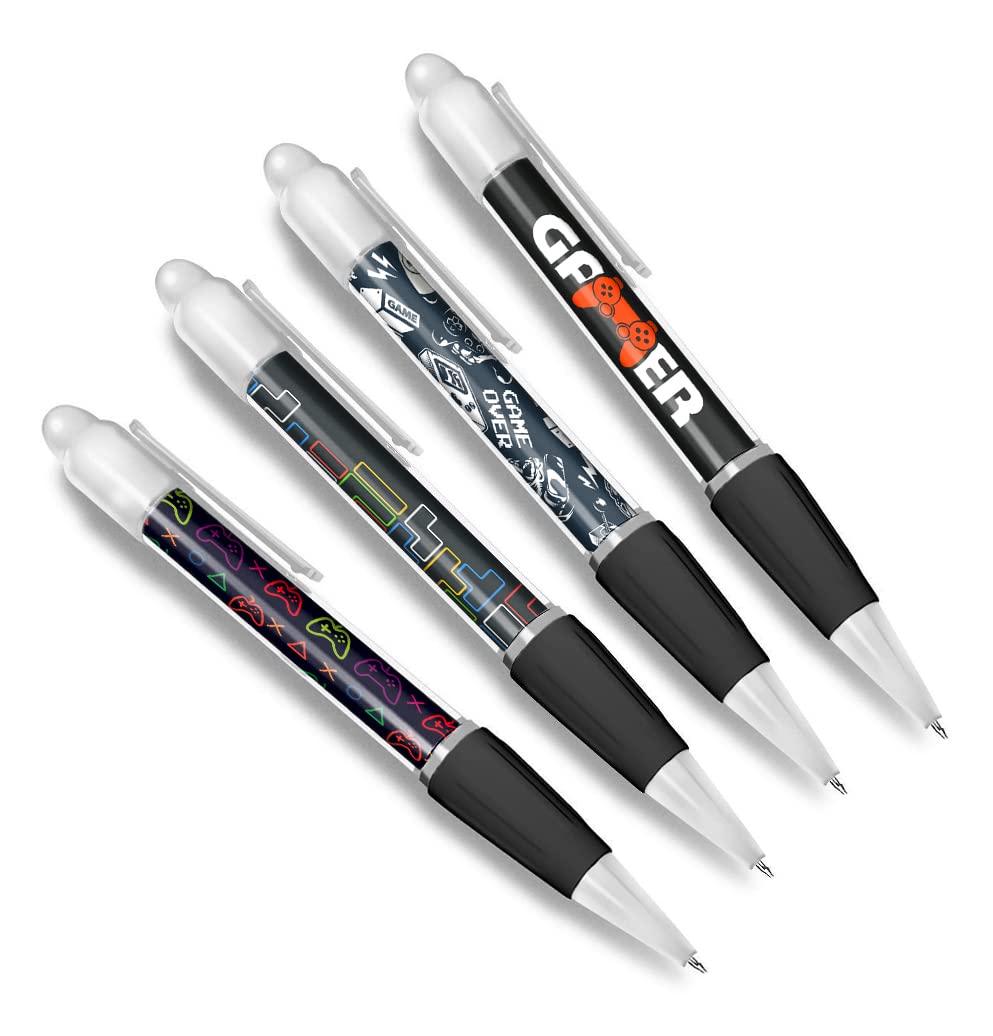 DV DESIGN Set of 4 Gamer White Ballpoint Pens - Gaming Game Kids Teenager Teen Controller Console Retro Themed Boys Girls Men Women Pen #79639
