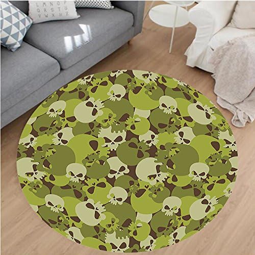 Nalahome Modern Flannel Microfiber Non-Slip Machine Washable Round Area Rug-ristic Composition of Skulls Scary Head Skeletons Soldiers Grunge Green Light Green Beige area rugs Home Decor-Round 47"