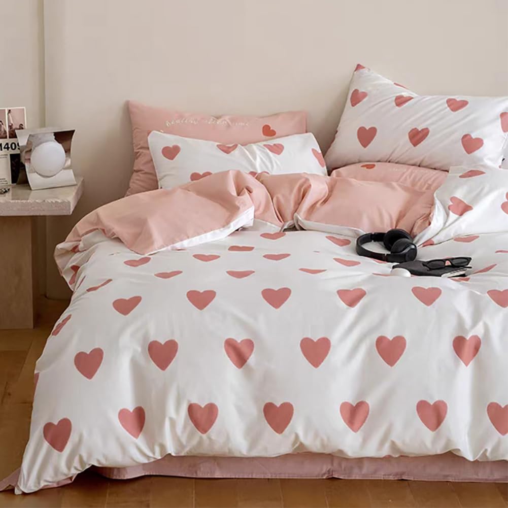 Michorinee Kids Single Duvet Cover Set Pink Heart Print Bedding Set for Girls Reversible Pink White Microfiber Quilt Cover 135x200 cm with Pillow case 50x75 cm