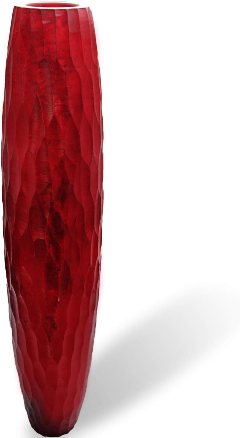 roro Tall Handcarved Wood Floor Vase, 30 Inch Cherry Red Rippled