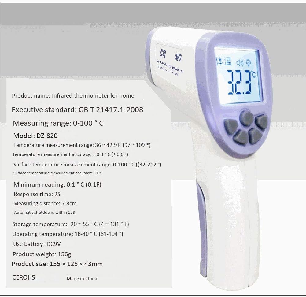 Red tide Laser Thermometer Gun, Non-Contact Portable 36 ～ 42.9 ℃ (97~109F) Human Body Thermometer with Liquid Crystal Display