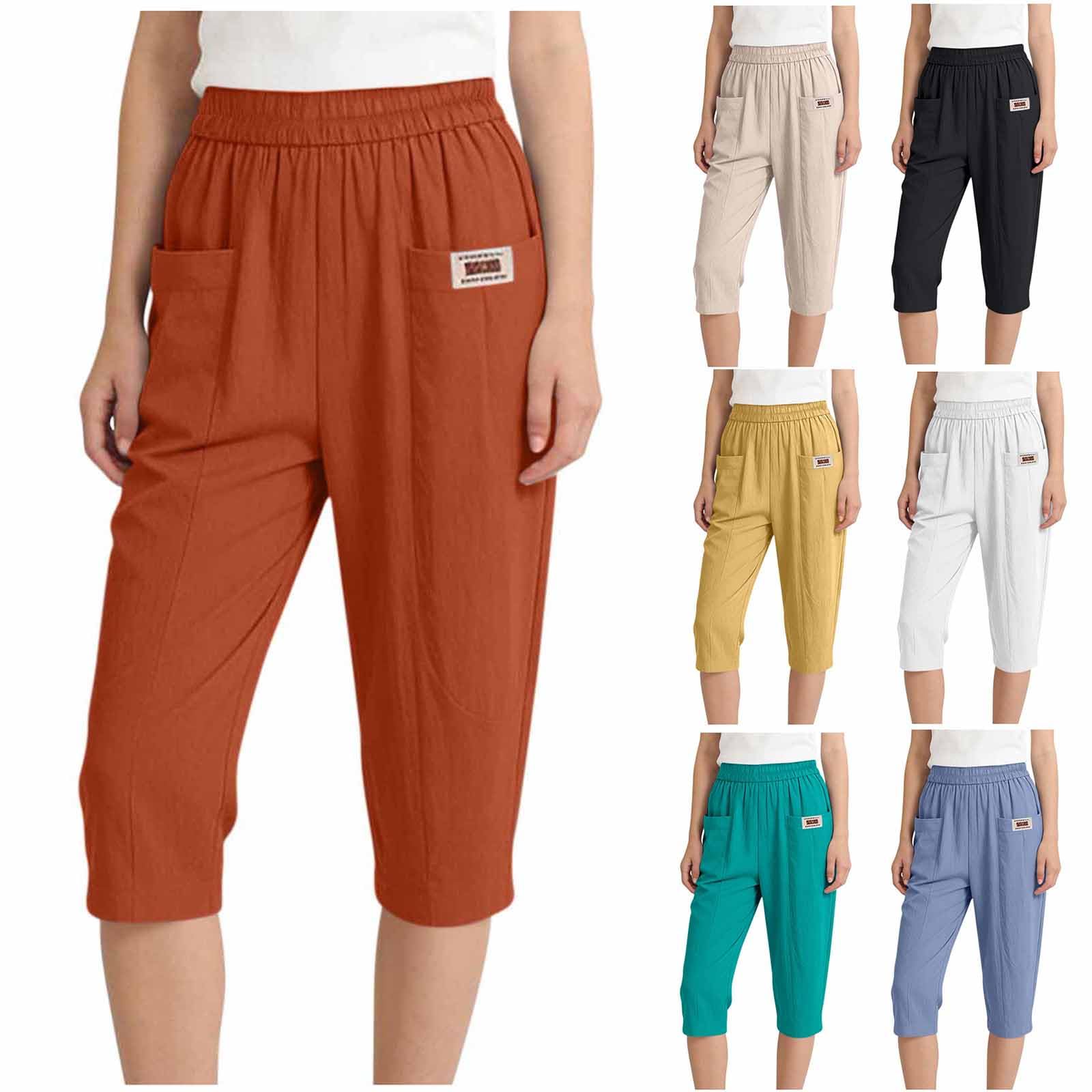 SCRRMZO Linen Capris for Women Linen Capris Pants for Women Summer Elastic Waist Cropped Trousers Casual Baggy Cotton Lounge Pant with Pockets Brown