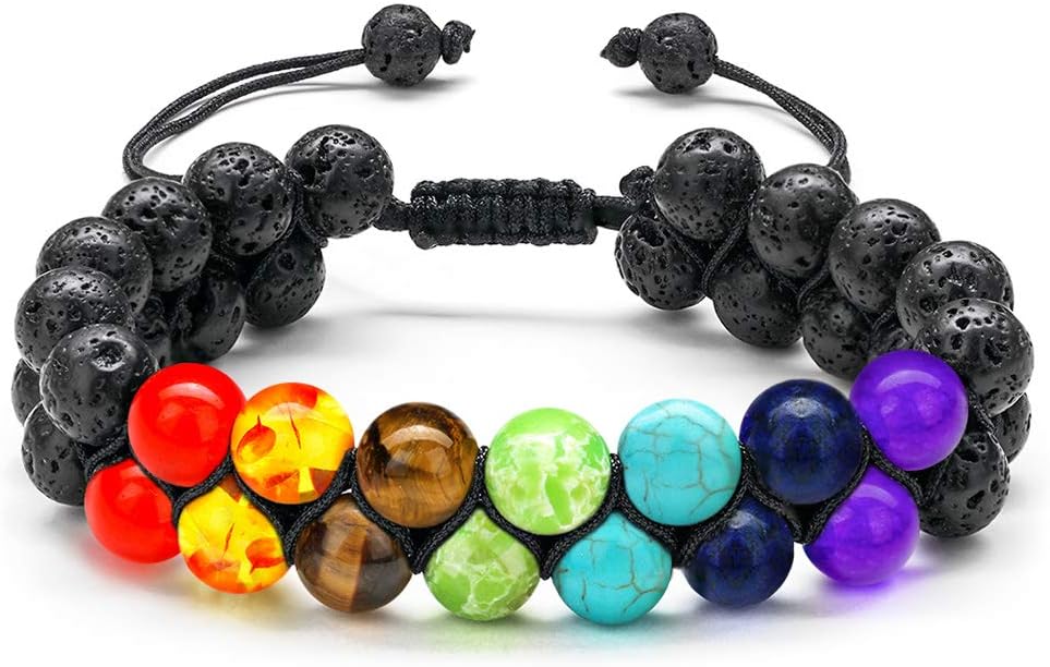 MONOZO Bead Chakra Bracelet - 7 Chakras 8mm Lava Rock Stone Anxiety Bracelet Essential Oil Diffuser Stone Yoga Beads Bracelets Meditation Relax Healing Aromatherapy Bangle for Men Wonmen Kids
