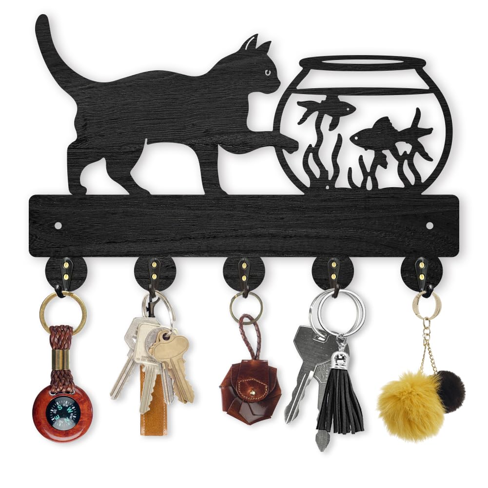 MAYJOYDIY Cat Themed Wooden Key Rack 30x19.4cm 5 Alloy Hooks Wall Mounted Hanger Wall Decorative Cat Fish Tank Holder