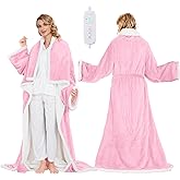 Portable Heated Blanket - Wearable Heated Blanket Throw with Foot Pockets, Sleeves Flannel Sherpa Wearable Blanket 8 Heating Levels & Timer Snuggle Blankets for Home Office-50*70" Pink Robes for Women